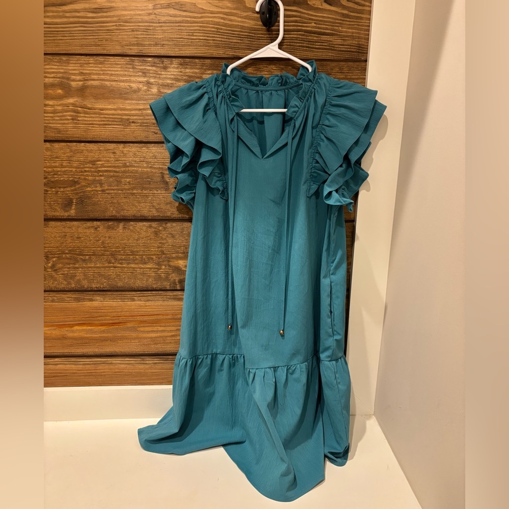 Teal Ruffle Sleeve Dress